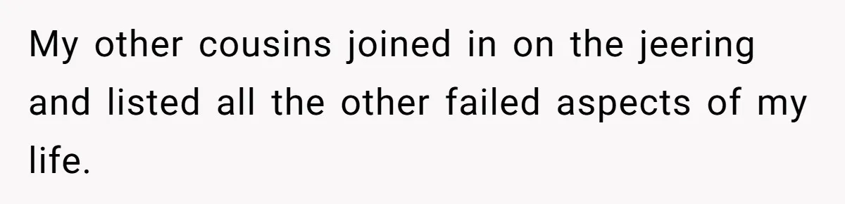 My other cousins joined in on the jeering and listed all the other failed aspects of my life.