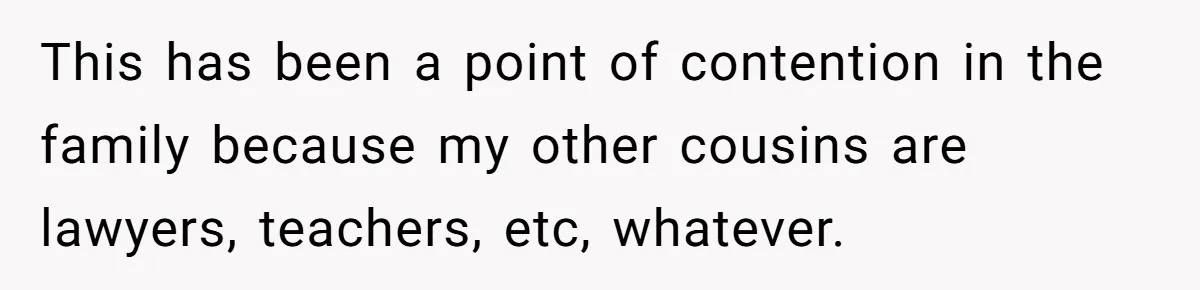 This has been a point of contention in the family because my other cousins are lawyers, teachers, etc, whatever.