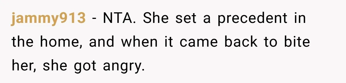jammy913 − NTA. She set a precedent in the home, and when it came back to bite her, she got angry.