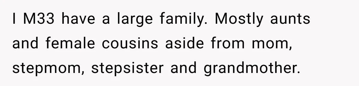 I M33 have a large family. Mostly aunts and female cousins aside from mom, stepmom, stepsister and grandmother.