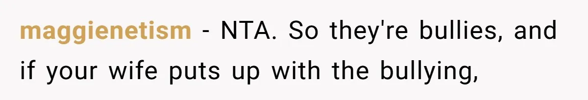 maggienetism − NTA. So they're bullies, and if your wife puts up with the bullying,