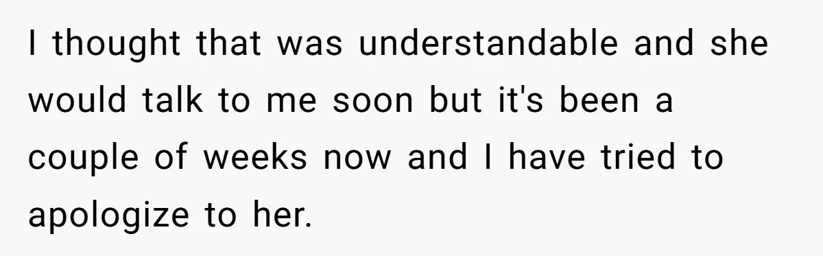 I thought that was understandable and she would talk to me soon but it's been a couple of weeks now and I have tried to apologize to her.