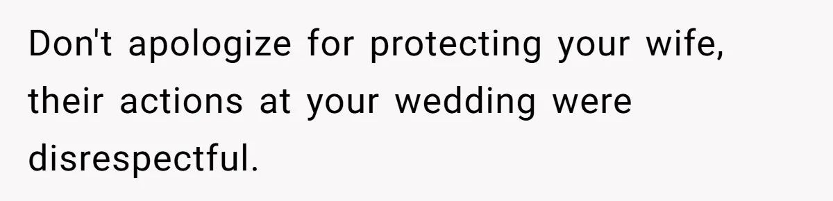 Don't apologize for protecting your wife, their actions at your wedding were disrespectful.