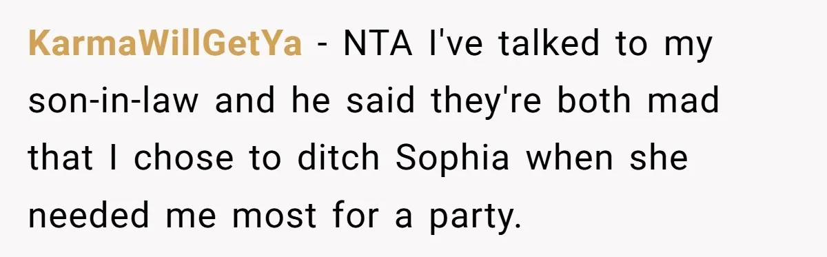 KarmaWillGetYa − NTA I've talked to my son-in-law and he said they're both mad that I chose to ditch Sophia when she needed me most for a party.