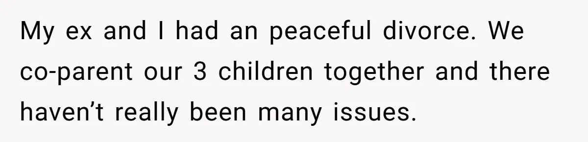 My ex and I had an peaceful divorce. We co-parent our 3 children together and there haven’t really been many issues.
