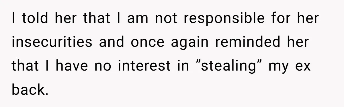 I told her that I am not responsible for her insecurities and once again reminded her that I have no interest in ”stealing” my ex back.