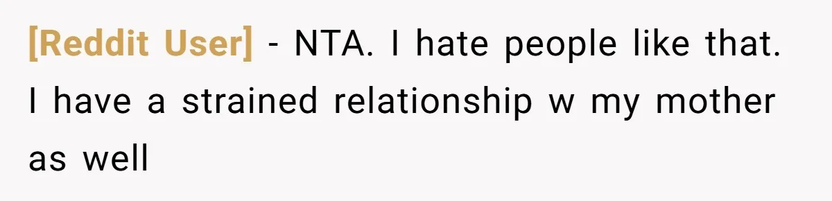 [Reddit User] − NTA. I hate people like that. I have a strained relationship w my mother as well