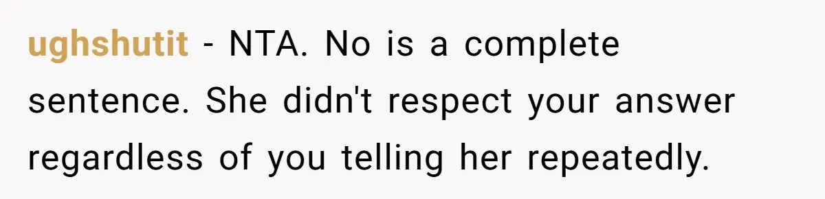 ughshutit − NTA. No is a complete sentence. She didn't respect your answer regardless of you telling her repeatedly.