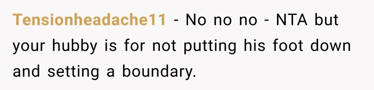 Tensionheadache11 − No no no - NTA but your hubby is for not putting his foot down and setting a boundary.