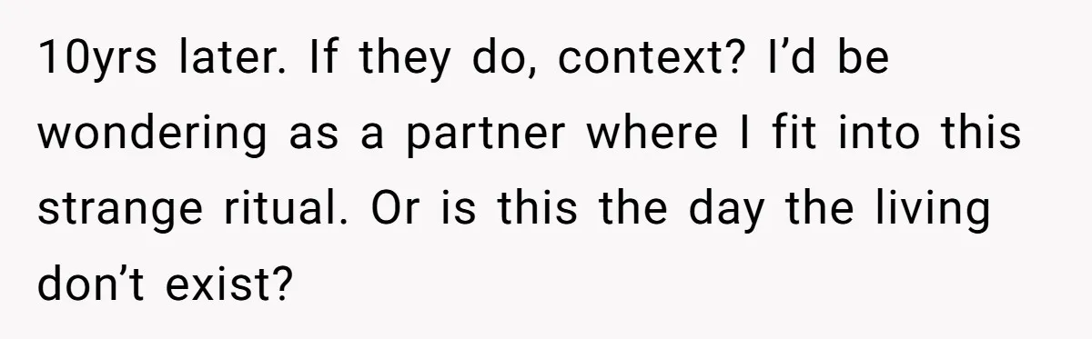 10yrs later. If they do, context? I’d be wondering as a partner where I fit into this strange ritual. Or is this the day the living don’t exist?