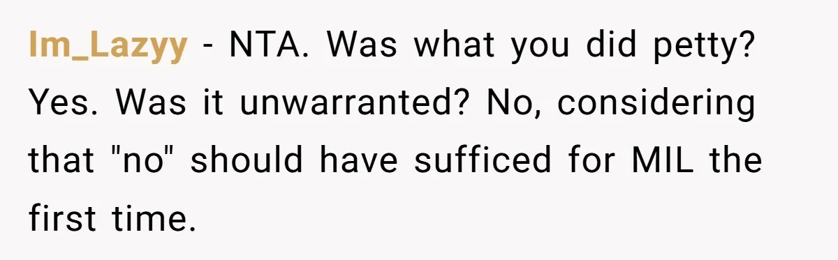 Im_Lazyy − NTA. Was what you did petty? Yes. Was it unwarranted? No, considering that "no" should have sufficed for MIL the first time.