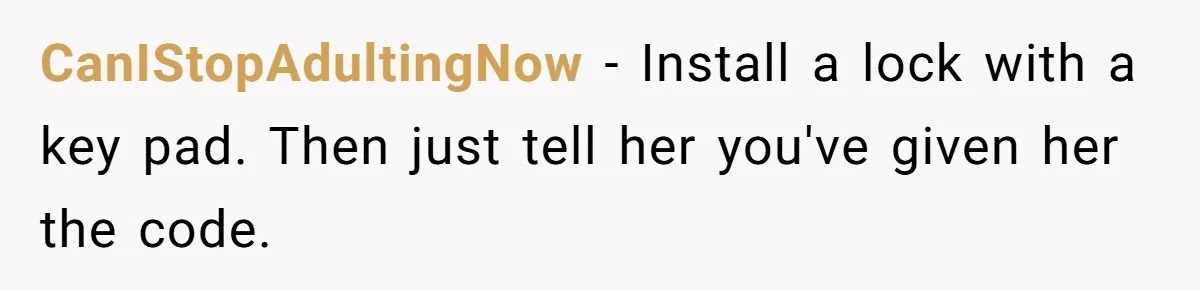 CanIStopAdultingNow − Install a lock with a key pad. Then just tell her you've given her the code.