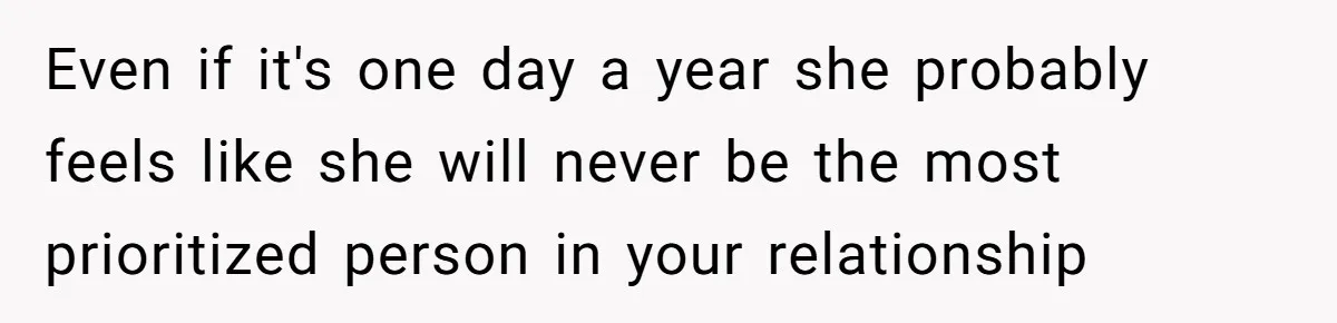 Even if it's one day a year she probably feels like she will never be the most prioritized person in your relationship