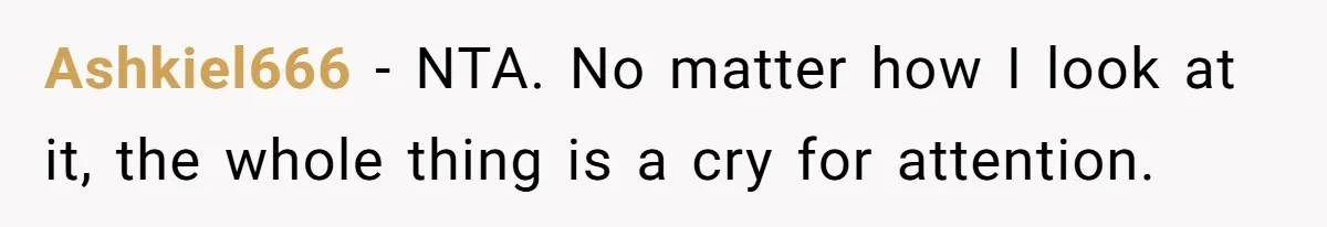 Ashkiel666 − NTA. No matter how I look at it, the whole thing is a cry for attention.