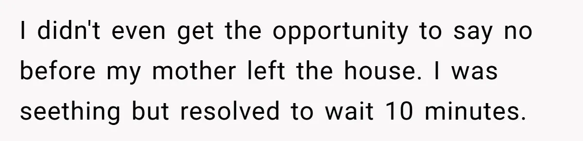 I didn't even get the opportunity to say no before my mother left the house. I was seething but resolved to wait 10 minutes.