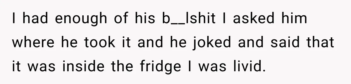 I had enough of his b__lshit I asked him where he took it and he joked and said that it was inside the fridge I was livid.
