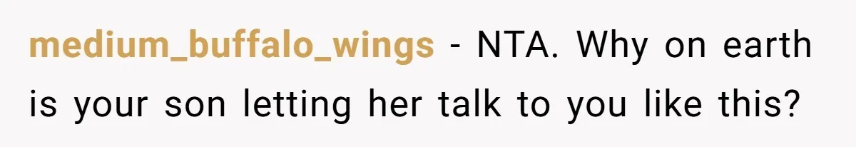 medium_buffalo_wings − NTA. Why on earth is your son letting her talk to you like this?