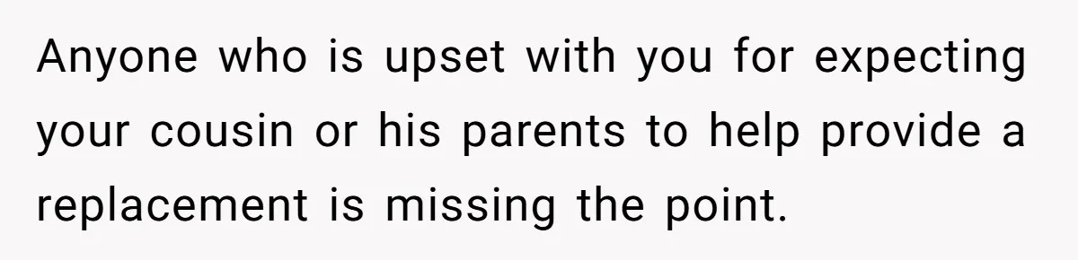 Anyone who is upset with you for expecting your cousin or his parents to help provide a replacement is missing the point.