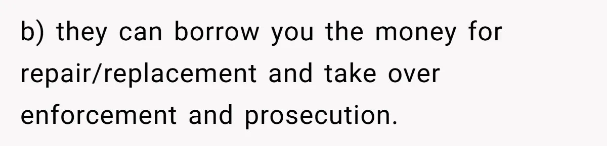 b) they can borrow you the money for repair/replacement and take over enforcement and prosecution.
