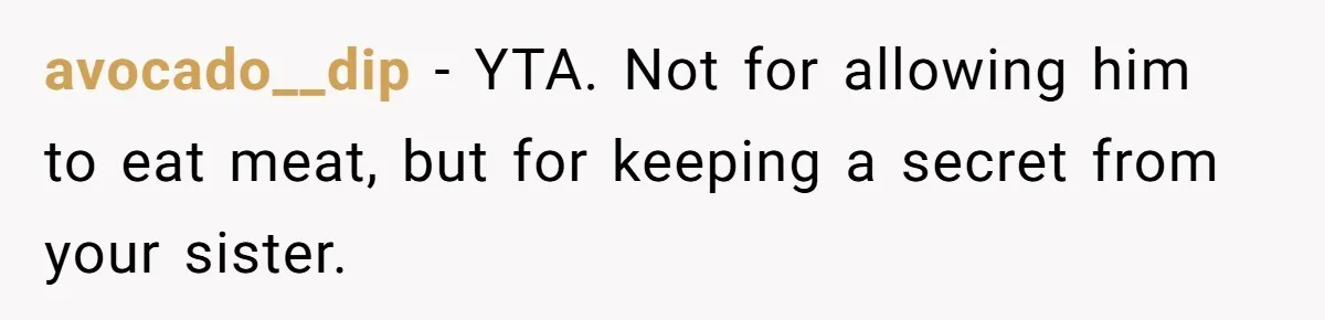 avocado__dip − YTA. Not for allowing him to eat meat, but for keeping a secret from your sister.