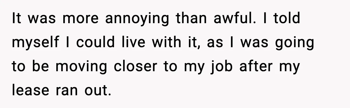 It was more annoying than awful. I told myself I could live with it, as I was going to be moving closer to my job after my lease ran out.