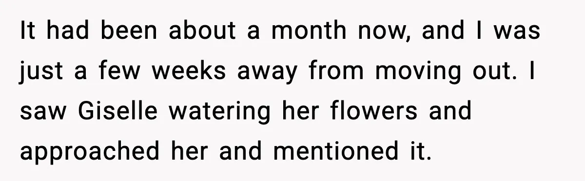 It had been about a month now, and I was just a few weeks away from moving out. I saw Giselle watering her flowers and approached her and mentioned it.