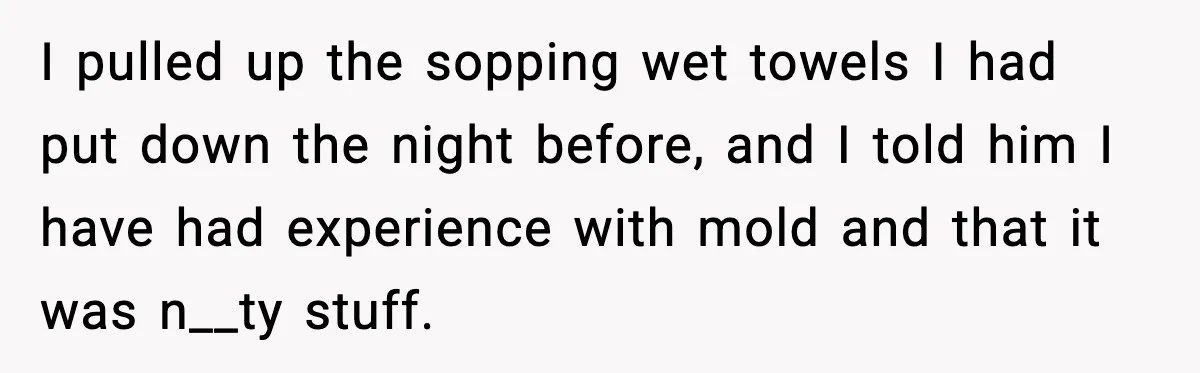 I pulled up the sopping wet towels I had put down the night before, and I told him I have had experience with mold and that it was n__ty stuff.