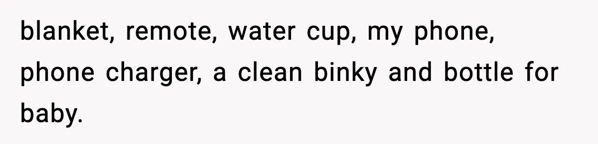 blanket, remote, water cup, my phone, phone charger, a clean binky and bottle for baby.