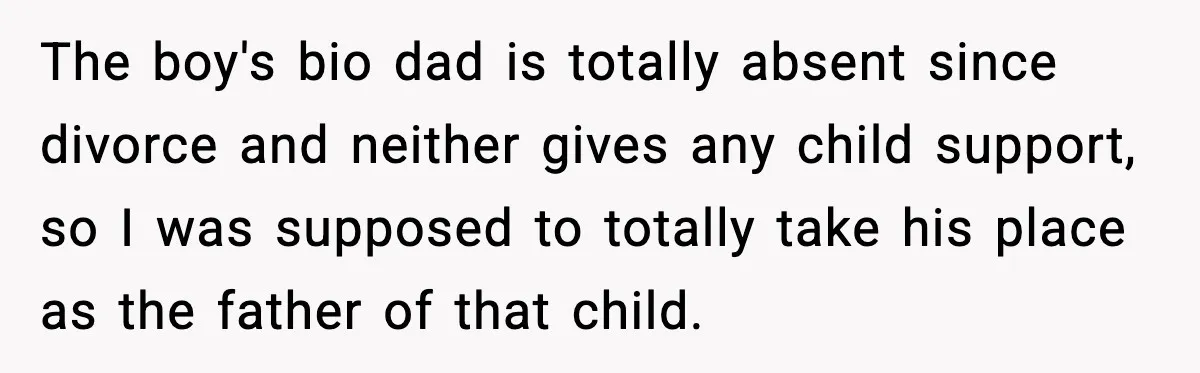 The boy's bio dad is totally absent since divorce and neither gives any child support, so I was supposed to totally take his place as the father of that child.