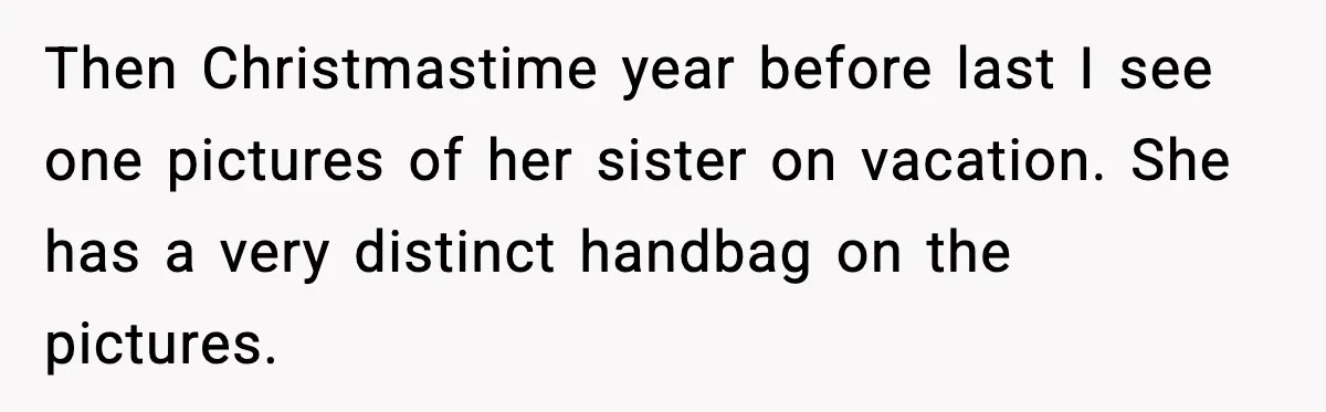 Then Christmastime year before last I see one pictures of her sister on vacation. She has a very distinct handbag on the pictures.