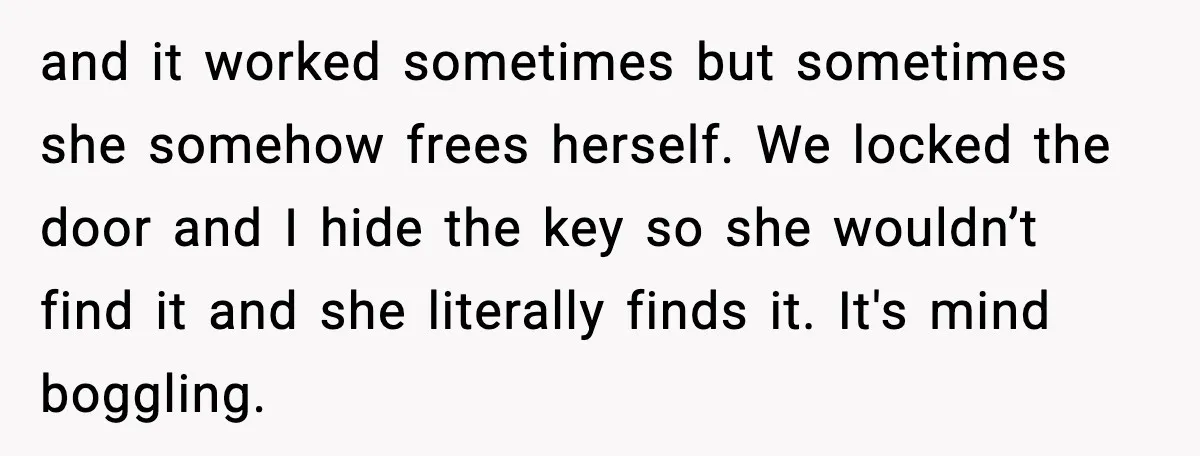 and it worked sometimes but sometimes she somehow frees herself. We locked the door and I hide the key so she wouldn’t find it and she literally finds it. It's...