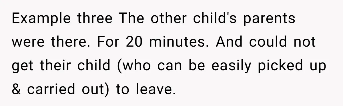 Example three The other child's parents were there. For 20 minutes. And could not get their child (who can be easily picked up & carried out) to leave.