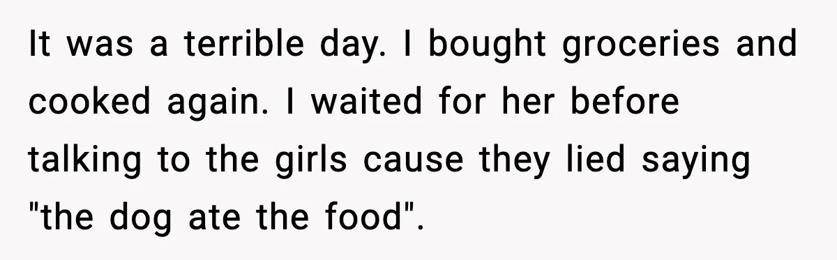 It was a terrible day. I bought groceries and cooked again. I waited for her before talking to the girls cause they lied saying "the dog ate the food".