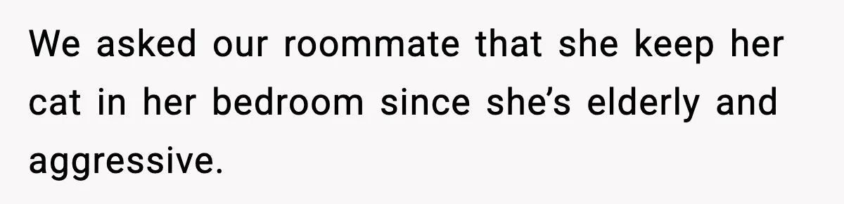 We asked our roommate that she keep her cat in her bedroom since she’s elderly and aggressive.