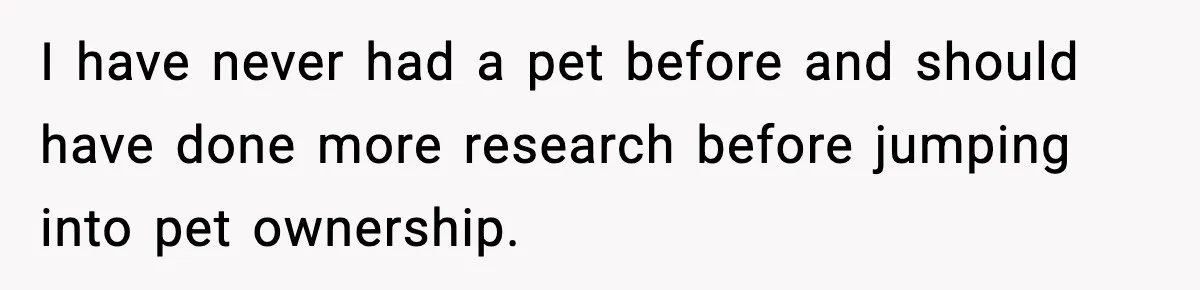 I have never had a pet before and should have done more research before jumping into pet ownership.
