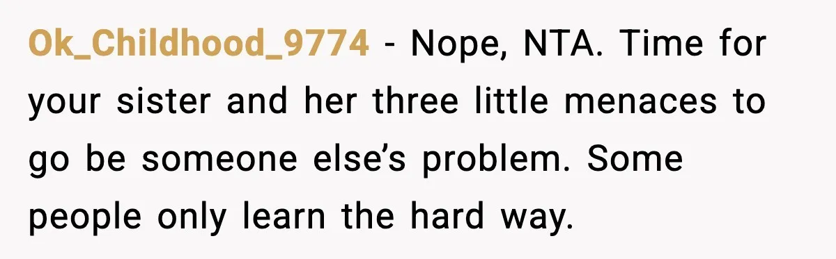 Ok_Childhood_9774 - Nope, NTA. Time for your sister and her three little menaces to go be someone else’s problem. Some people only learn the hard way.