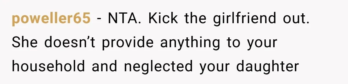 Dad Cancels Dinner After His Girlfriend Doesn't Feed His Daughter Lunch poweller65 − NTA. Kick the girlfriend out. She doesn’t provide anything to your household and neglected your daughter