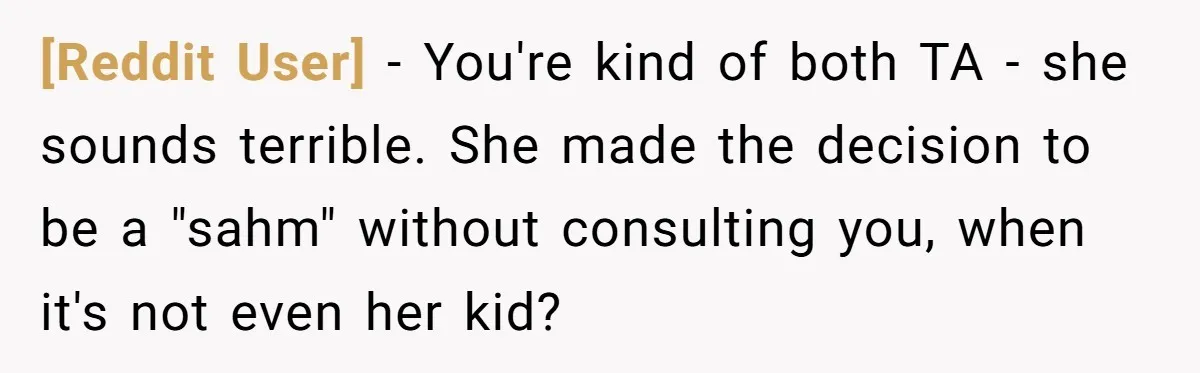 [Reddit User] − You're kind of both TA - she sounds terrible. She made the decision to be a "sahm" without consulting you, when it's not even her kid?