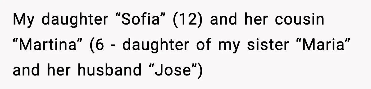 My daughter “Sofia” (12) and her cousin “Martina” (6 - daughter of my sister “Maria” and her husband “Jose”)