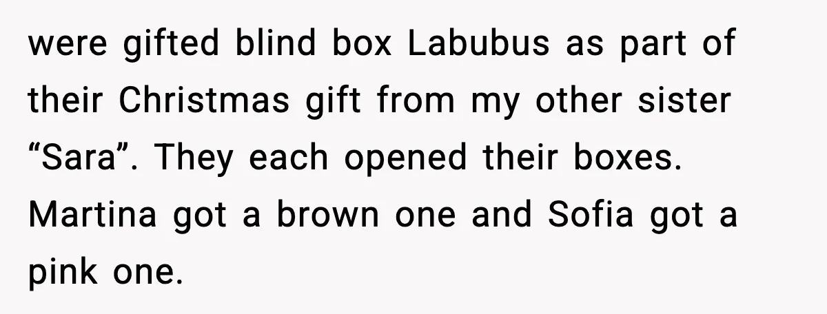 were gifted blind box Labubus as part of their Christmas gift from my other sister “Sara”. They each opened their boxes. Martina got a brown one and Sofia got a...