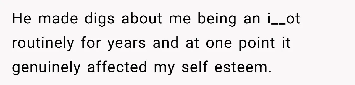 He made digs about me being an i__ot routinely for years and at one point it genuinely affected my self esteem.