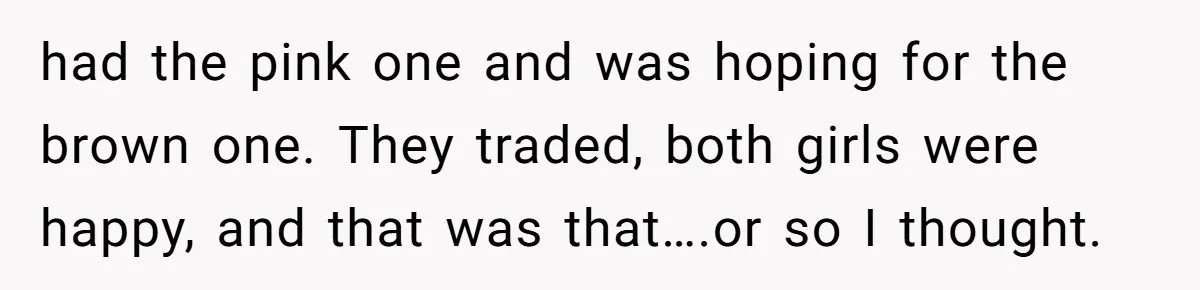 had the pink one and was hoping for the brown one. They traded, both girls were happy, and that was that….or so I thought.