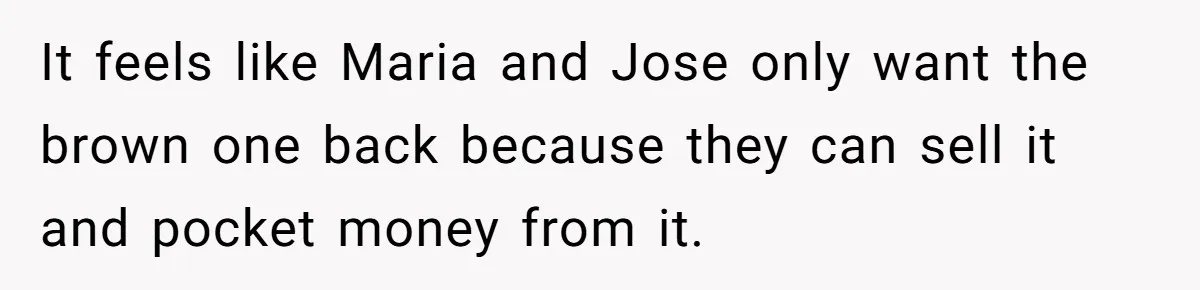 It feels like Maria and Jose only want the brown one back because they can sell it and pocket money from it.