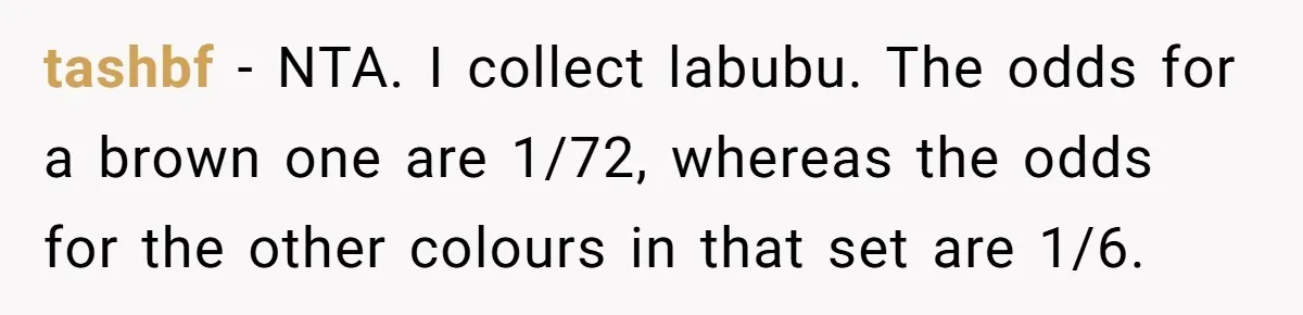 tashbf − NTA. I collect labubu. The odds for a brown one are 1/72, whereas the odds for the other colours in that set are 1/6.