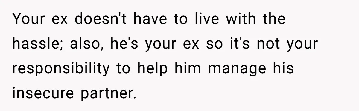 Your ex doesn't have to live with the hassle; also, he's your ex so it's not your responsibility to help him manage his insecure partner.