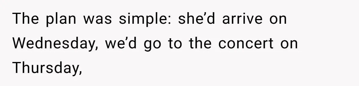 The plan was simple: she’d arrive on Wednesday, we’d go to the concert on Thursday,