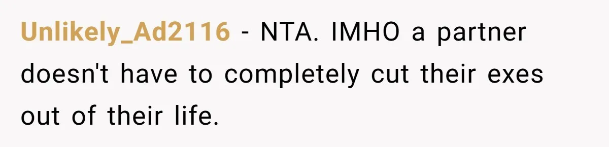 Unlikely_Ad2116 − NTA. IMHO a partner doesn't have to completely cut their exes out of their life.
