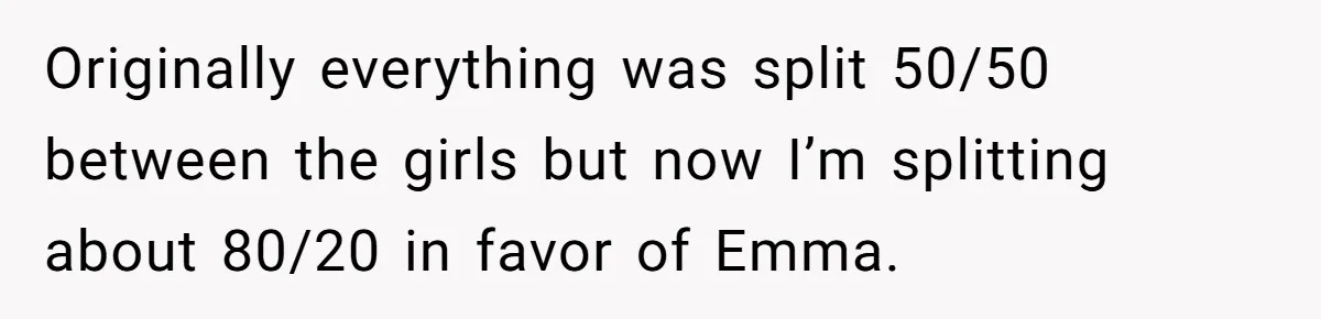Mom Decides To Leave Far More Inheritance To One Daughter Over The Other Who Thrives Financially Originally everything was split 50/50 between the girls but now I’m splitting about 80/20 in favor of Emma.