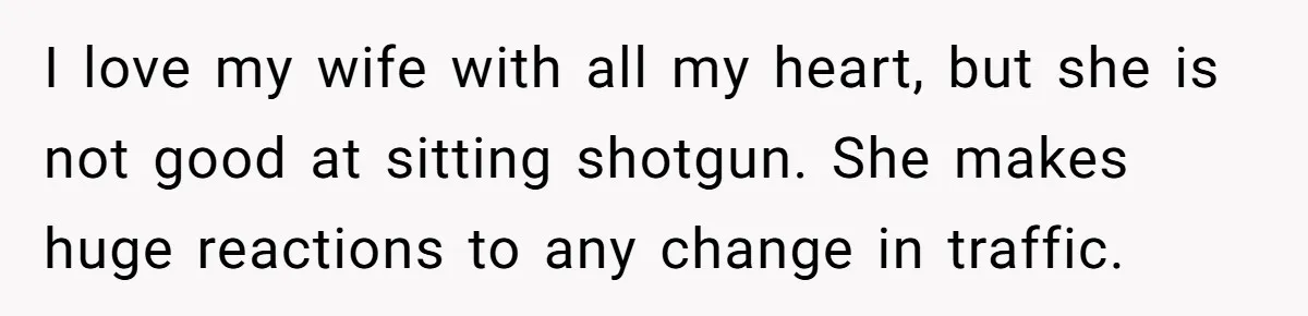 I love my wife with all my heart, but she is not good at sitting shotgun. She makes huge reactions to any change in traffic.