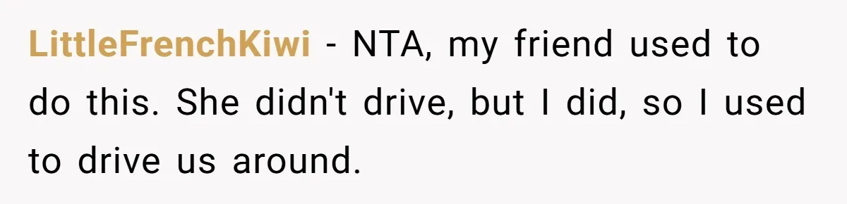 LittleFrenchKiwi − NTA, my friend used to do this. She didn't drive, but I did, so I used to drive us around.